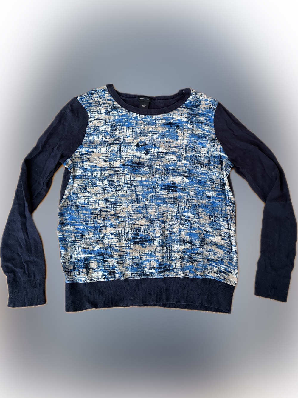 Ann Taylor Blue and Cream Abstract Long Sleeve Knit Sweater